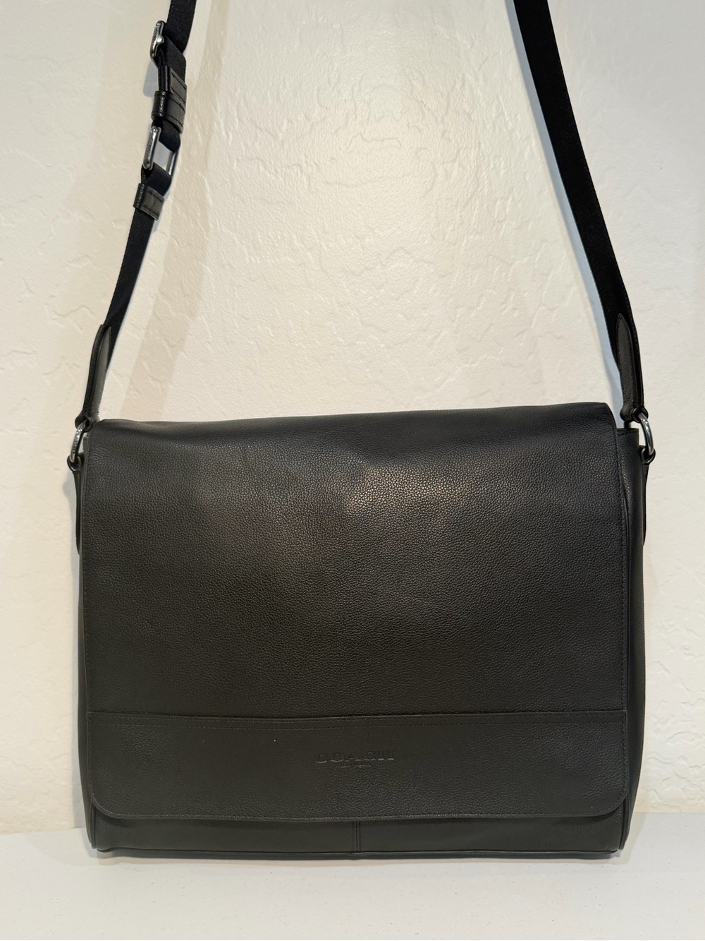 Coach Houston Messenger Map Bag in Refined Pebble Leather (Black)